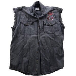 Biker Design Mens Shirt Large Graphic Prinnt Top Gray Sleeveless Button Up Y2K